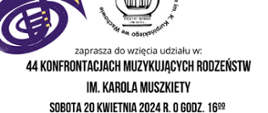 Tytuł i termin koncertu. W górnej części po lewej fragment rysunku instrumentu dętego, w centralnej fragment logo szkoły.