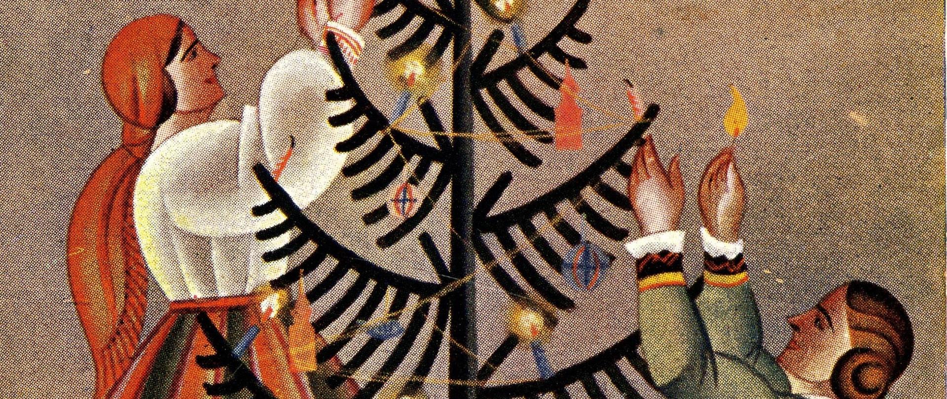 Ubieranie choinki, mal. W. Boratyński, pocztówka z 1938 r., ze zbiorów MN ZP.jpg