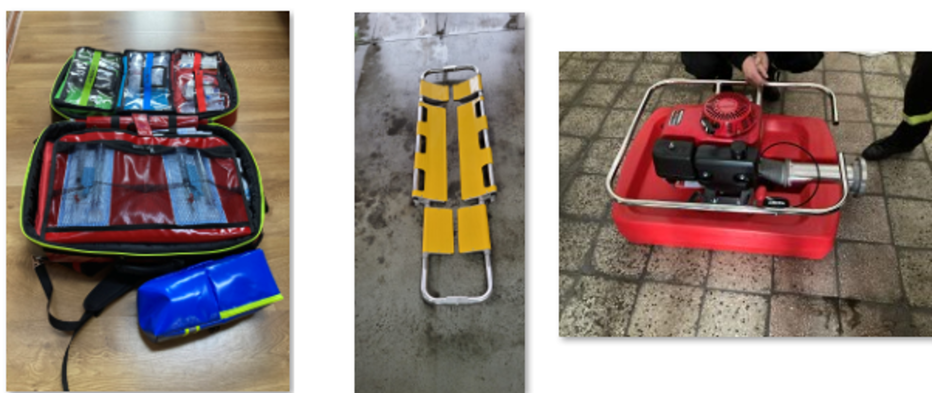 Plecak, nosze, motopompa.
