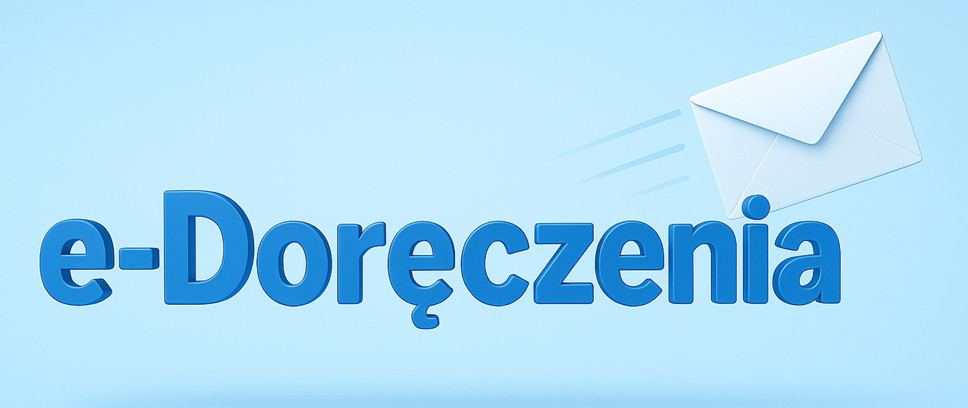 Grafika wygenerowana przez AI przedstawiająca niebieski napis 3D: "e-Doręczenia" na pastelowym błękitnym tle. Po prawej stronie napisu przesuwająca się koperta.