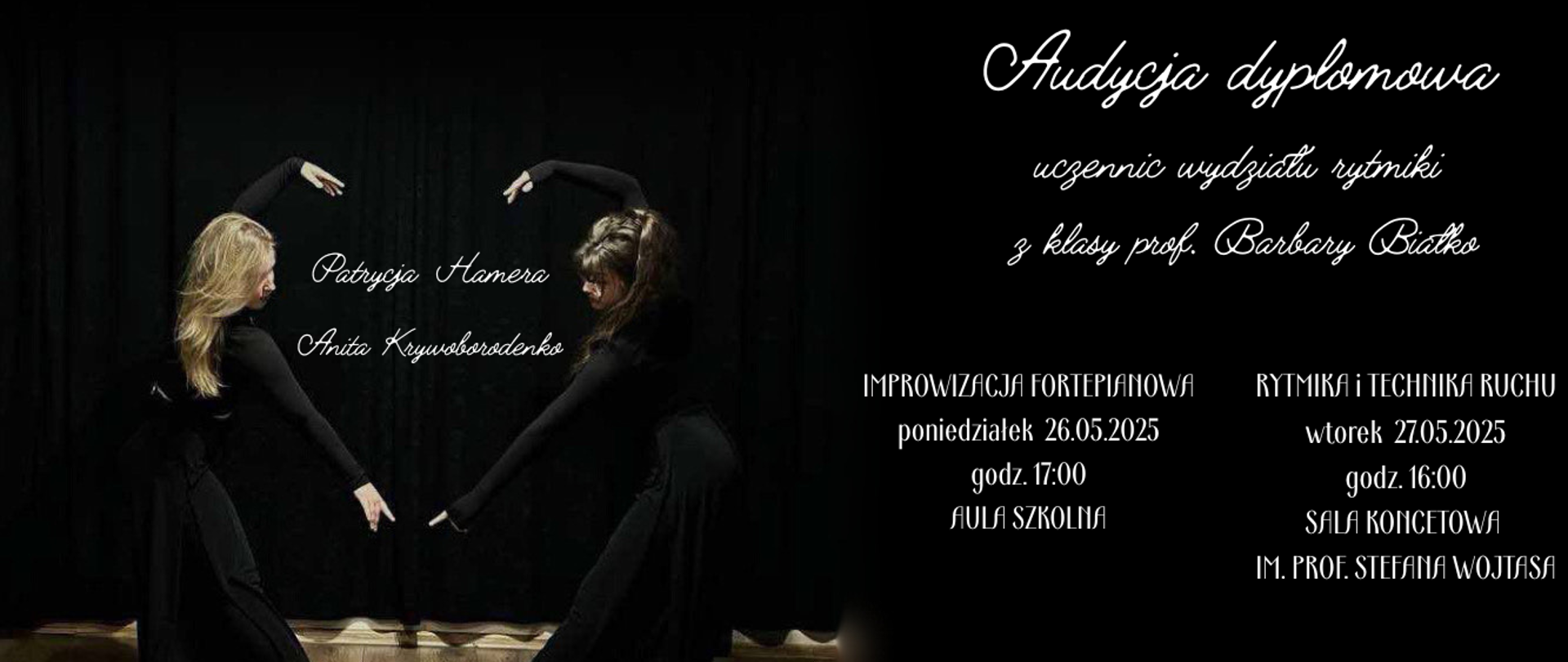 czarne tło po lewej stronie zdjęcie prezentujące dwie dziewczyny podczas tańca po prawej stronie czarne napisy informujące o wydarzeniu