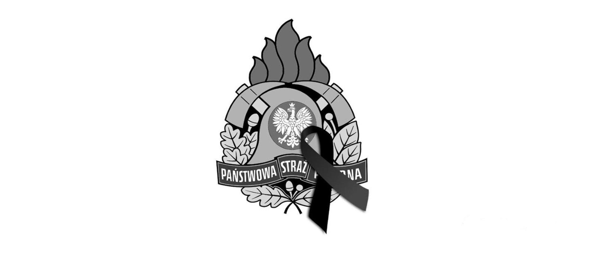 Logo Państwowej Straży Pożarnej ze wstęgą żałobną.