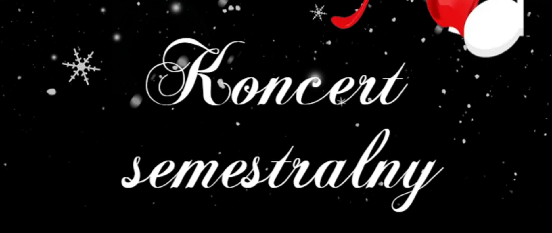 Plakat zawierający informacje o wydarzeniu - Koncert semestralny. Koncert odbędzie się 12 stycznia 2023 r o godz. 17:15 w Sali Koncertowej szkoły. Na plakacie umiejscowione są grafiki nuty pełniących rolę dekoracji. Dominują barwy czarno-biało-czerwone. Na samej górze jest nagłówek informujący o roku jubileuszowym szkoły - 40 - leciu powstania placówki. 