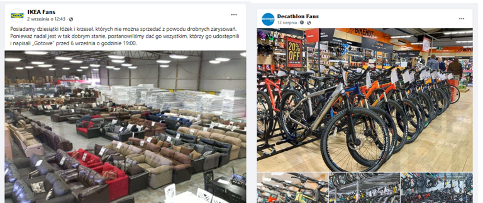 Zdjęcie fałszywych postów konkursowych na portalu Facebook. Po prawej stronie post ze zdjęciem kanap po prawej zdjęcie rowerów