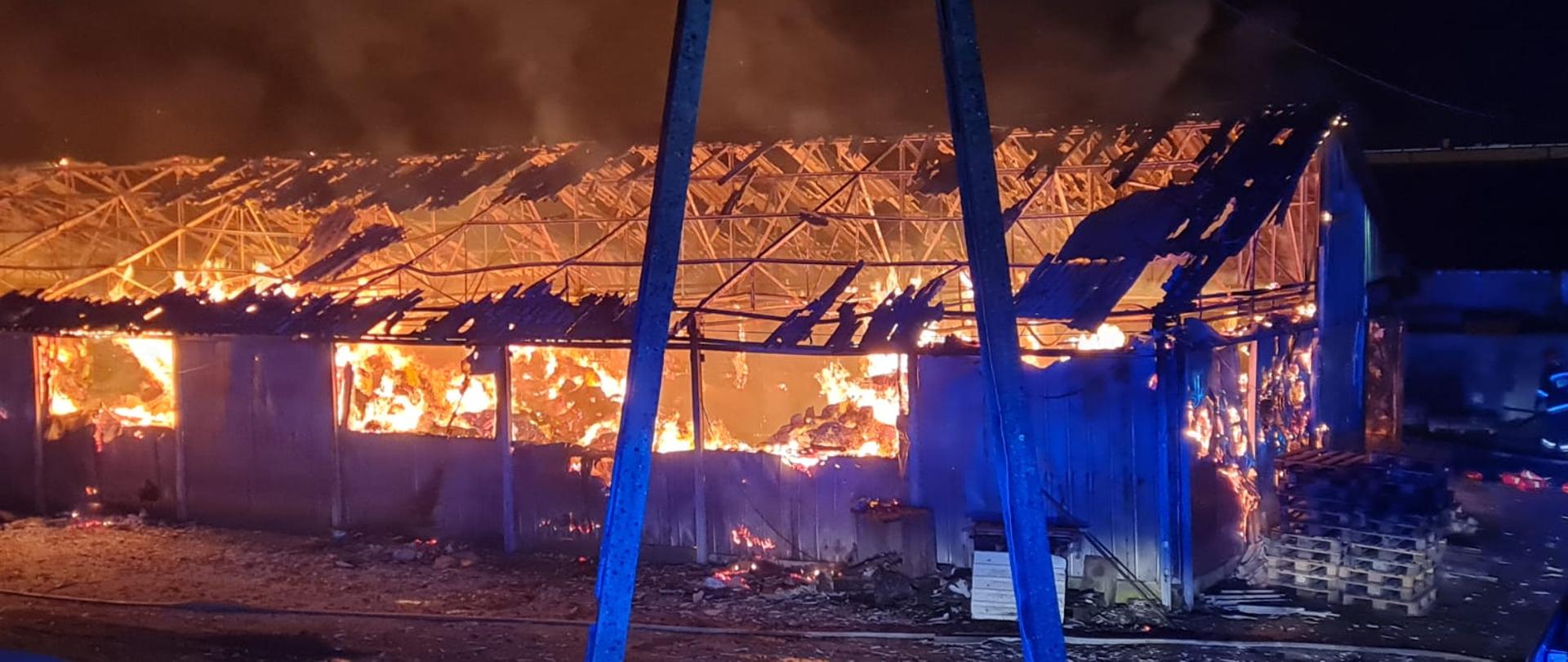Zdjęcie wykonane w porze nocnej. Fotografia przedstawia pożar hali, w której zgromadzone były papierowe wytłoczki do jaj. Hala o konstrukcji stalowej z zewnątrz pokryta blachą.