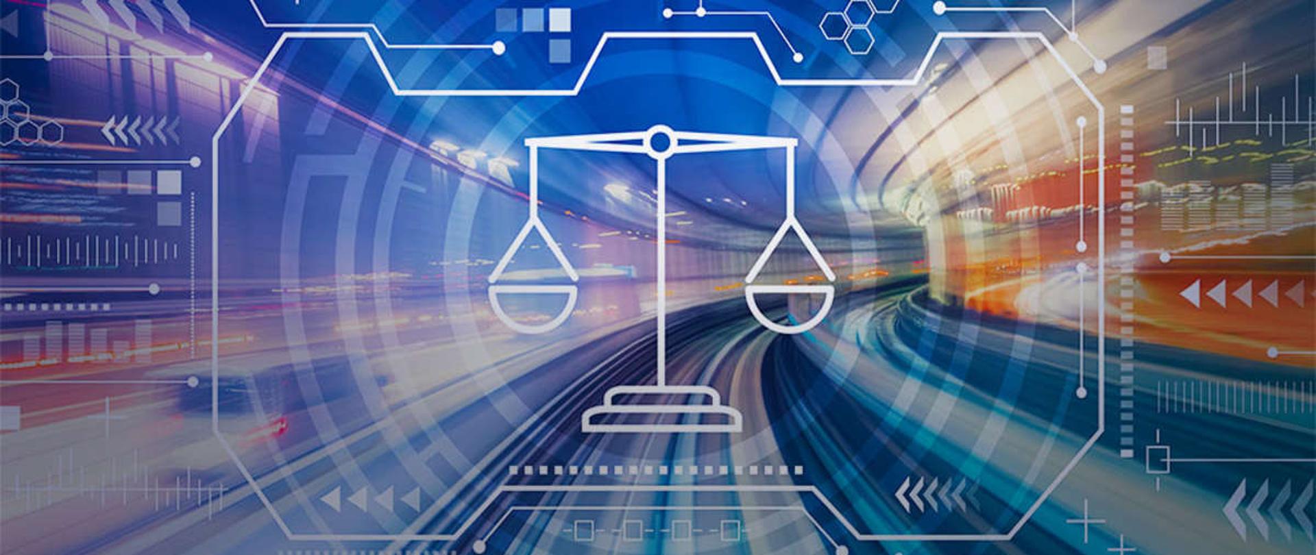 Symbol sprawiedliwości na tle tunelu z samochodami