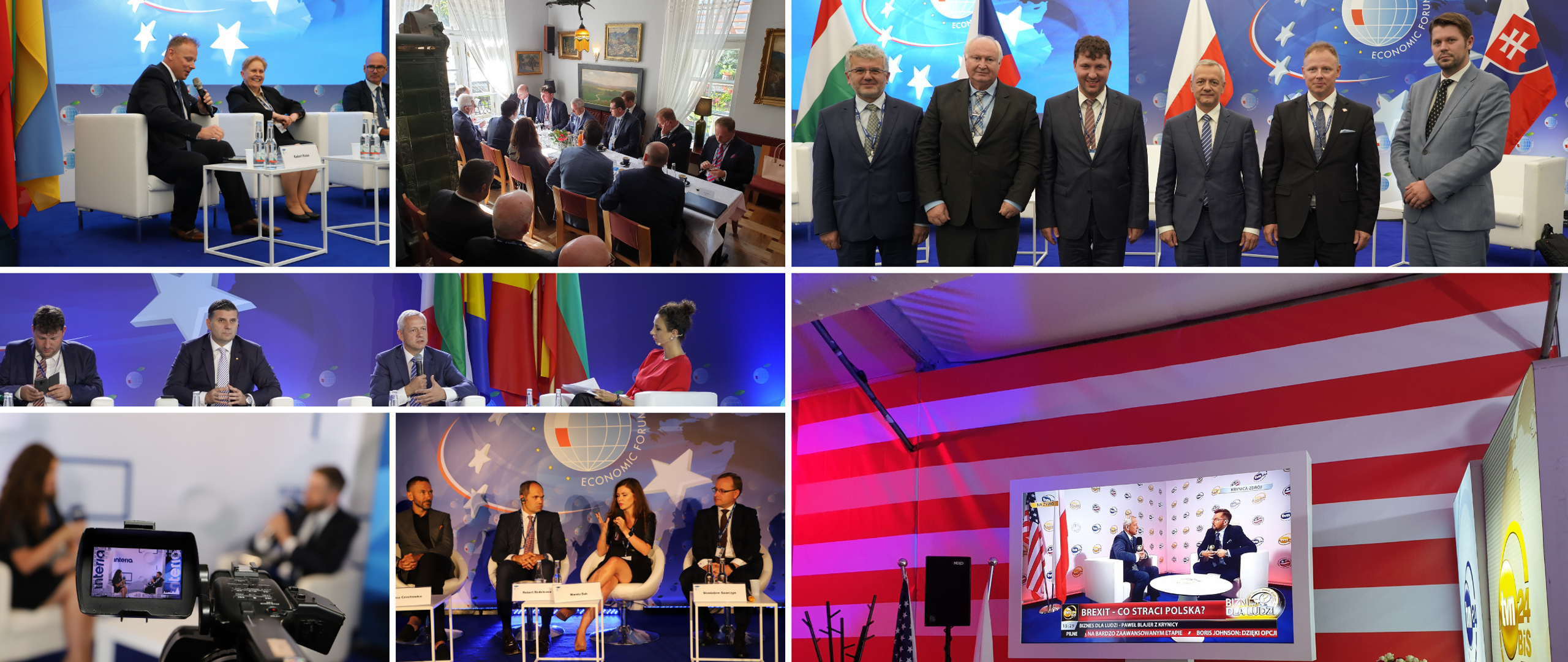 Kolaż zdjęć przedstawiających aktywność Ministerstwa Cyfryzacji podczas drugiego dnia Forum Ekonomicznego w Krynicy. Minister Marek Zagórski podczas panelu dyskusyjnego, w trakcie roboczego śniadania, na ekranie tv podczas wizyty w studio, z przedstawicielami grupy V4. Minister Wanda Buk w okienku kamery podczas wywiadu i w trakcie panelu. Dyrektor Robert Kośla moderujący jeden z paneli.