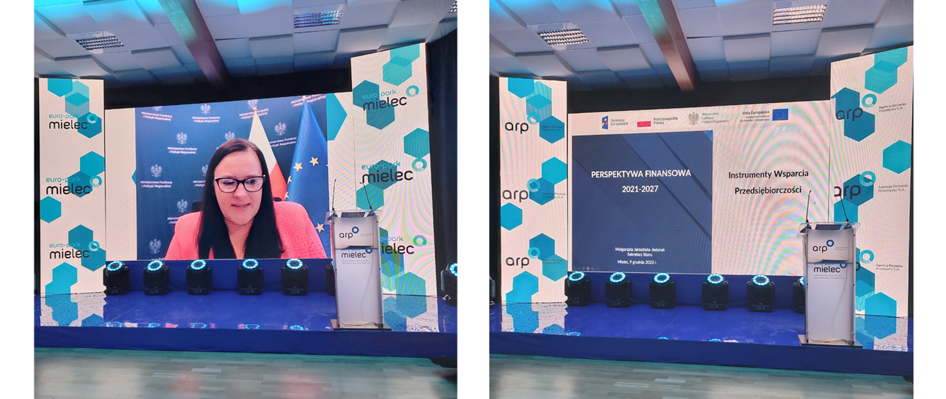 Kolaż dwóch zdjęć. Na pierwszym wiceminister Małgorzata Jarosińska-Jedynak na ekranie w sali konferencyjnej. Na drugim ekran z napisem Perspektywa Finansowa 2021-2027.