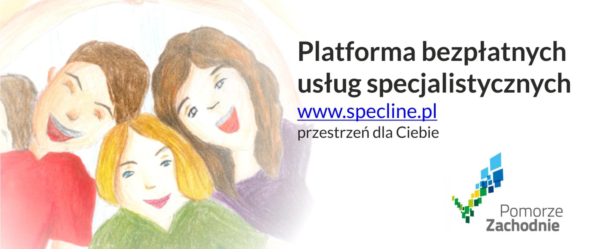 Grafika przedstawia dziecięcy rysunek rodziny oraz prezentuje napis: platforma bezpłatnych usług specjalistycznych www.spceline.pl przestrzeń dla Ciebie