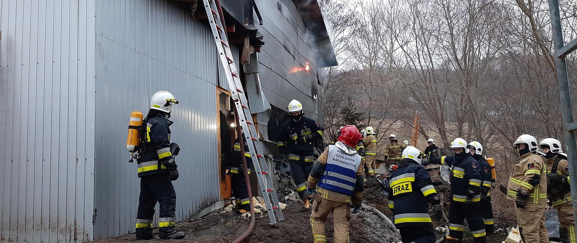 Widać wychodzące niewielkie płomienie z części hali. Strażacy wykonują dostęp do ogniska pożaru. Rozbierają ścianę złożoną z blach i wełny mineralnej. Wykorzystują drabiny oraz podręczny sprzęt burzący. 