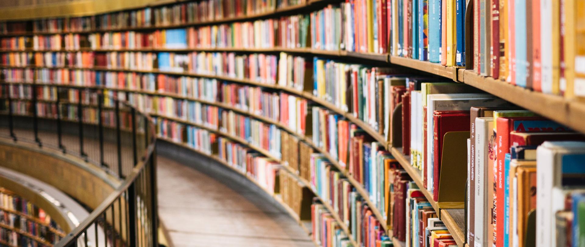 regały biblioteczne wypełnione różnokolorowymi książkami