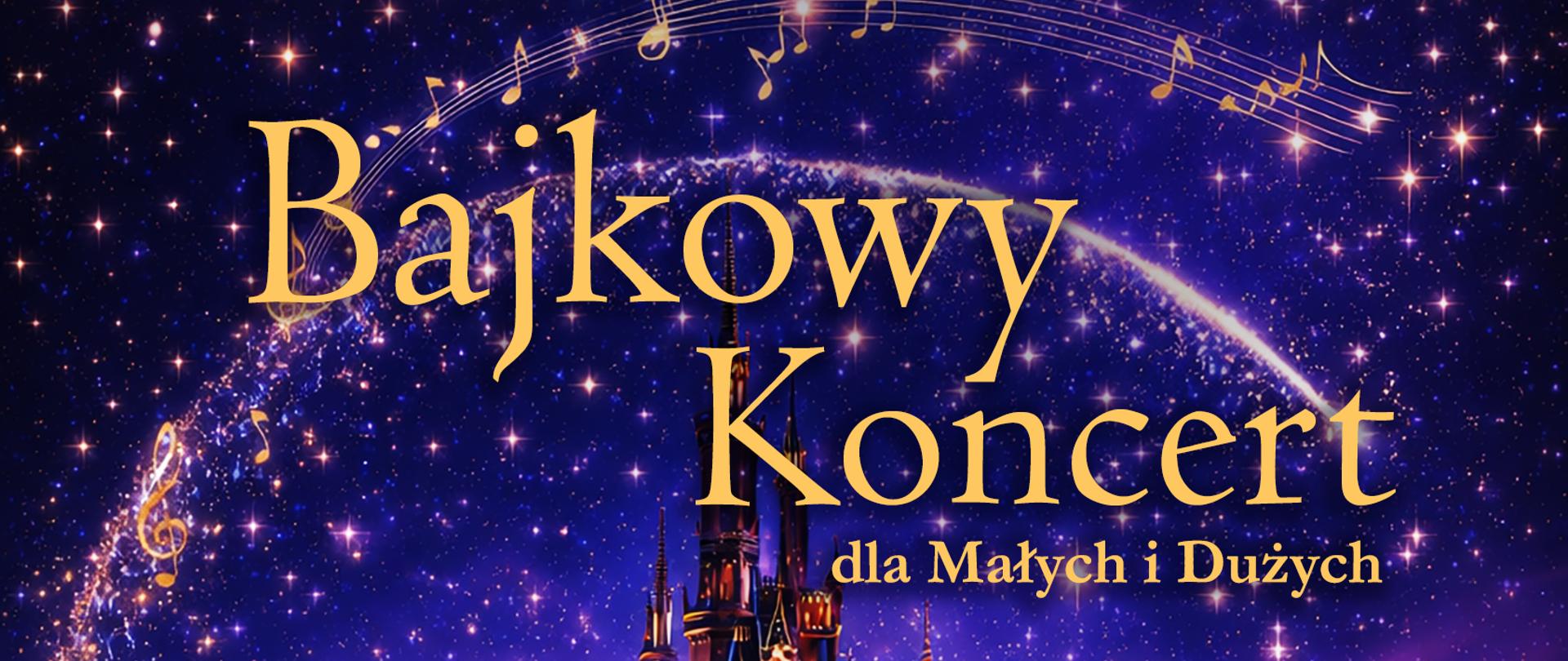 Plakat utrzymany jest w baśniowej, nocnej kolorystyce. Dominuje granat, fiolet i złoto. Tło przedstawia rozgwieżdżone niebo pełne migoczących punktów światła, przypominających gwiazdy i magiczny pył. Przez górną część plakatu biegnie łuk z nutami muzycznymi, jakby narysowany światłem.
W centralnej części znajduje się duży, bajkowy zamek z licznymi wieżyczkami. Zamek jest podświetlony ciepłym, złotym światłem i stoi nad spokojną wodą, w której odbijają się jego światła oraz gwiazdy. Całość sprawia wrażenie sceny z baśni lub snu.
Na górze plakatu widnieje informacja, że Stowarzyszenie „Pro Musica” oraz grupa „The Voice Sound” zapraszają na wydarzenie. Największy napis, umieszczony pośrodku, brzmi: „Bajkowy Koncert dla Małych i Dużych”.
Niżej podana jest data i godzina: 2 stycznia, godzina 18.00.
Na dole plakatu znajduje się informacja o miejscu: Sala Koncertowa Państwowej Szkoły Muzycznej. Obok wymienieni są wykonawcy – długa lista imion i nazwisk artystów. W dolnej części umieszczono także logotypy organizatorów i miasta Nowy Targ.
Plakat ma wyraźnie magiczny, rodzinny i muzyczny charakter, zachęcający zarówno dzieci, jak i dorosłych.