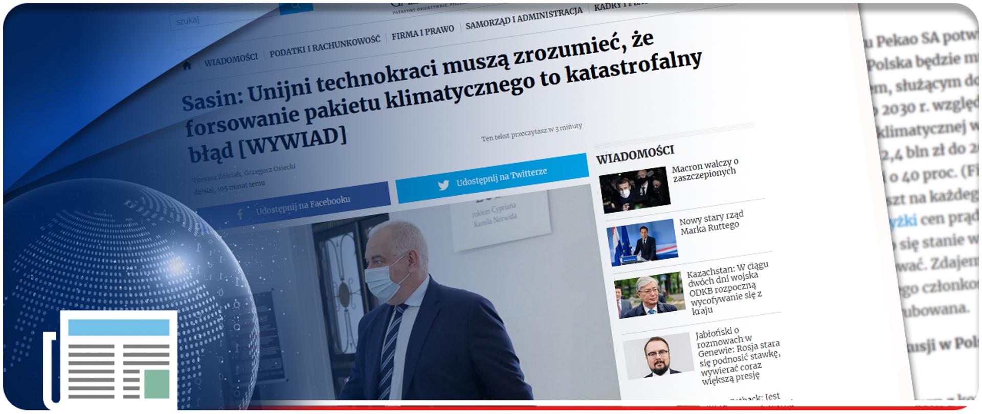 Grafika przedstawiająca screen z internetowej wersji wywiadu Jacka Sasina w Dzienniku Gazecie Prawnej