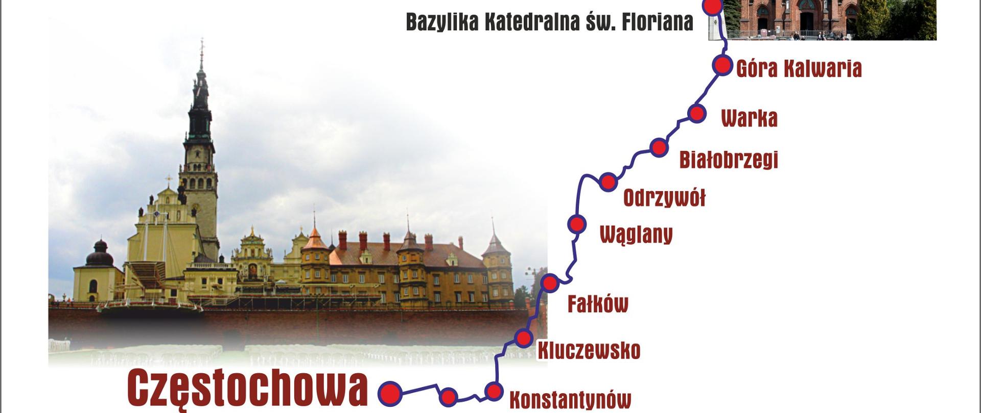 Plakat promujący pielgrzymkę na jasną Górę. W górnej części plakatu znajduje się panis 16. ogólnopolska piesza pielgrzymka strażaków na Jasną Górę. Z lewej strony napisu logo PSP, z prawej strony logo OSP. Poniżej napis "Z Maryją wołamy o pokój" 5 do 14 sierpnia 2022 r. Infografika przedstawiająca trasę pielgrzymki: rozpoczęcie w Warszawie - Bazylika Katedralna Świętego Floriana, koniec w Częstochowie - Sanktuarium Matki Boskiej Królowej Polski. Na dole plakatu umieszczone są dane kontaktowe: po lewej stronie ksiądz Paweł Samborski, dyrektor pielgrzymki, telefon 882 998 456. Po prawej stronie brygadier Anna Zielińska, kwatermistrz pielgrzymki, telefon 509 190 793