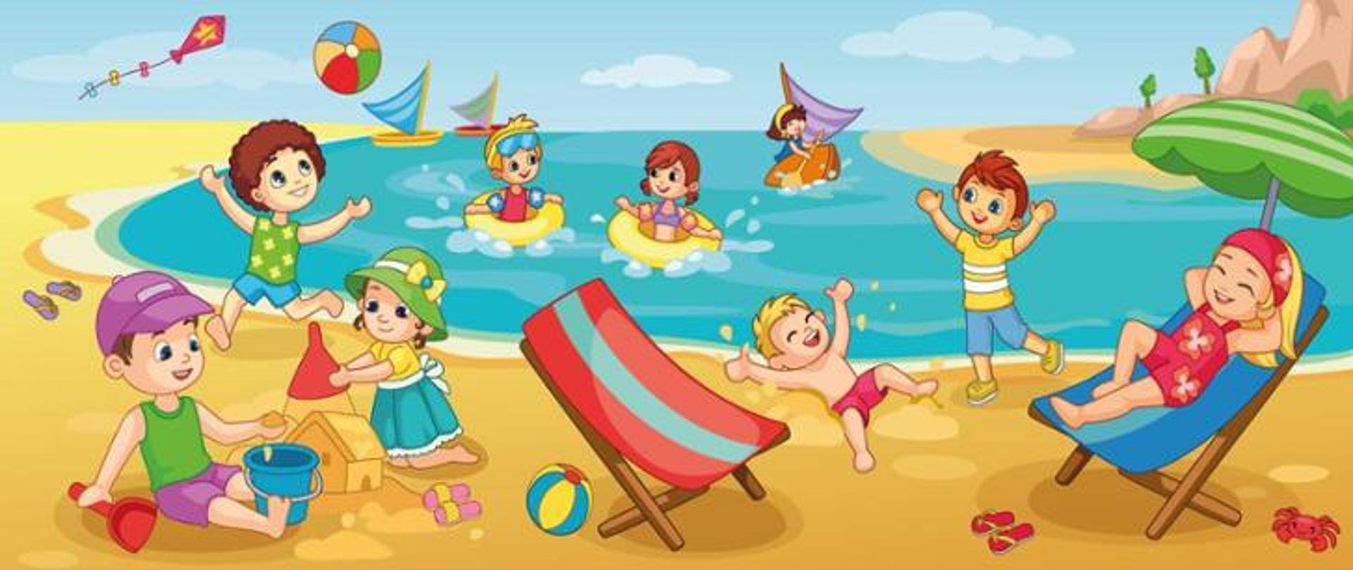 grupa dzieci bawiących się nad wodą, plazą, dmuchane zabawki