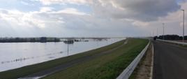 Zdjęcie zrobione z wału przeciwpowodziowego. W tle zalany zbiornik "Racibórz Dolny"