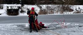 Zdjęcie przedstawia przemyskich strażaków podczas ćwiczenia z zakresu ratownictwa wodno-lodowego , trzech strażaków w skafandrach suchych i kaskach ochronnych w trakcie podejmowania z przerębla strażaka-pozoranta na sanie lodowe