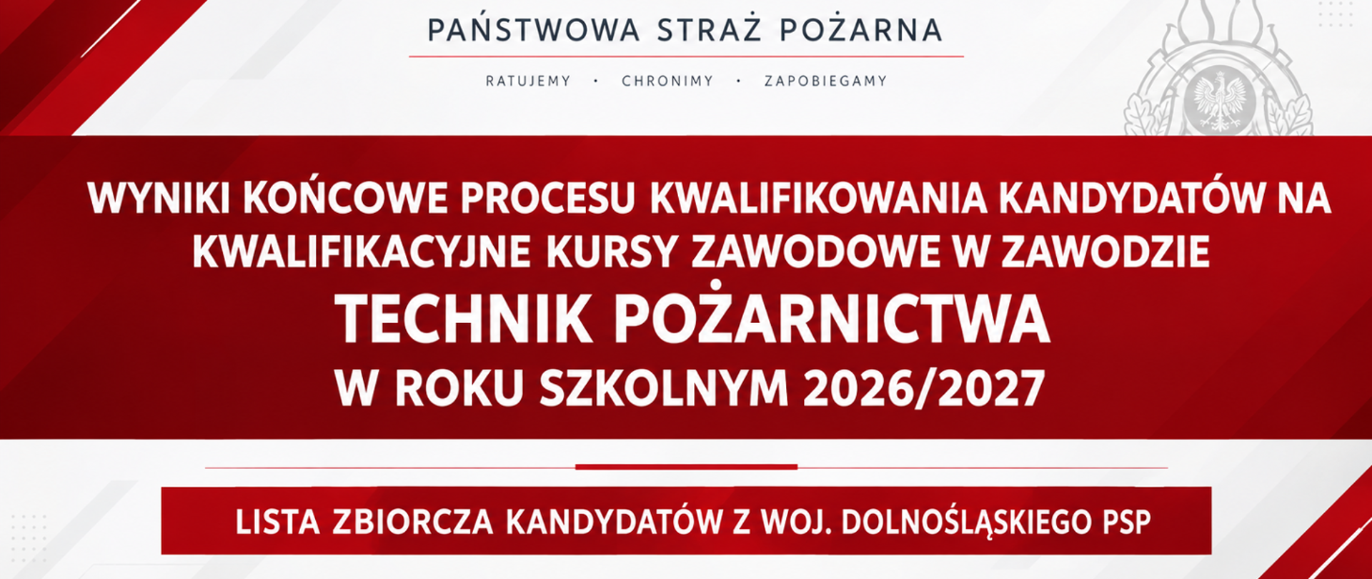 Wyniki końcowe procesu kwalifikowania kandydatów na kwalifikacyjne kursy zawodowe w zawodzie technik pożarnictwa w roku szkolnym 2026/2027. Lista zbiorcza kandydatów z woj. dolnośląskiego PSP.
