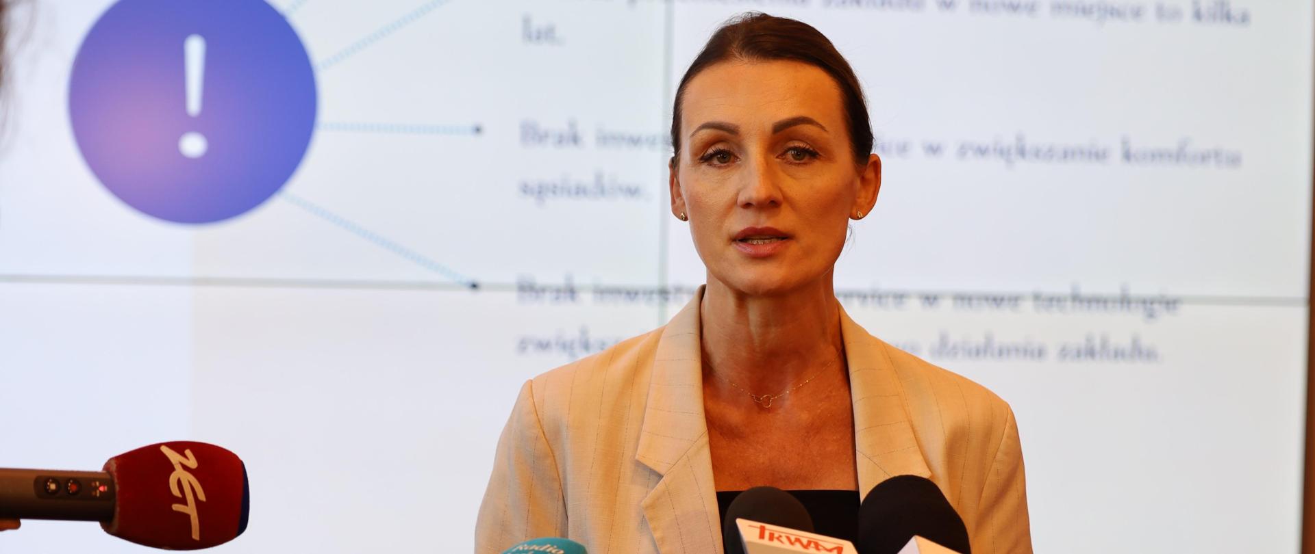 kobieta (wojewoda) stoi przed mikrofonami, w tle plansza z informacjami o port service