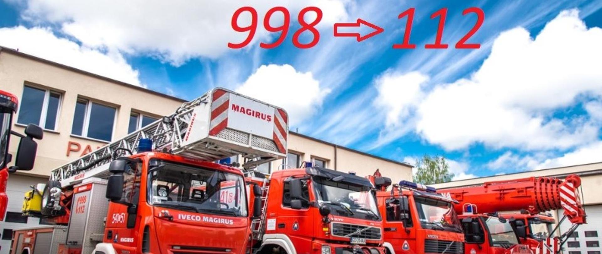 Zdjęcie przedstawia samochody strażackie. Na górze zdjęcia napis 998 oraz 112