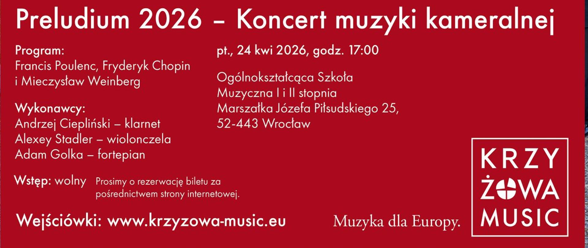 plakat zapowiadający Koncert Muzyki Kameralnej Fundacji Krzyżowa Music, przedstawia zdjęcie zespołu muzyków z instrumentami