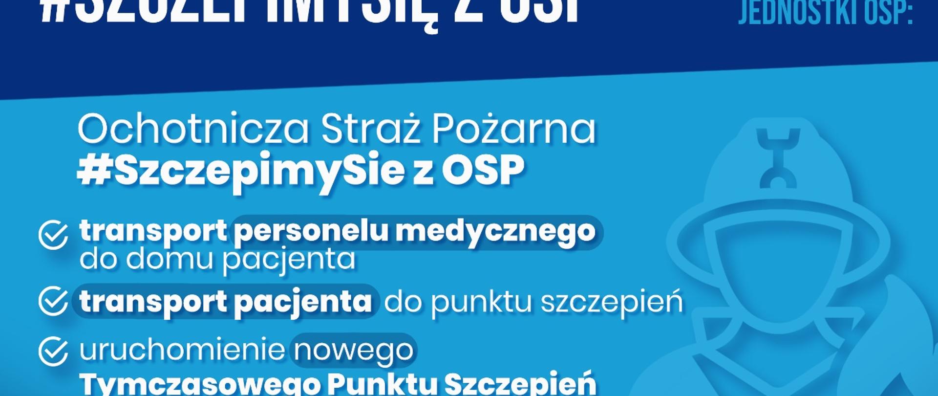 Na zdjęciu widać plansze koloru niebieskiego, na niej białe napisy. Po prawej stronie zarys postaci strażaka w hełmie. Góra zdjęcia granatowa. Zapisy na zdjęciu dotyczą formy działania OSP podczas programu #SzczepimySię z OSP.