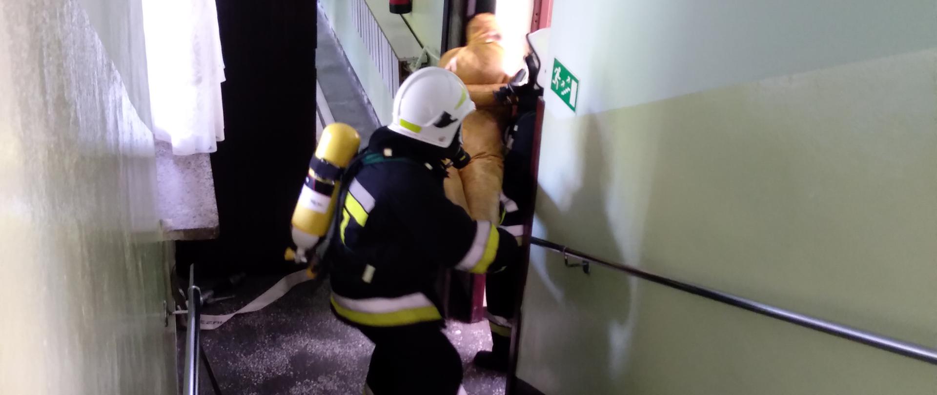 Po przeprowadzonych działaniach gaśniczych trwa ewakuacja poszkodowanego przez 2 ratowników.