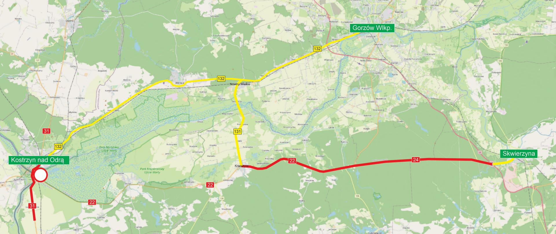 Fragment mapy województwa lubuskiego z zaznaczonym zamknięciem przejazdu kolejowego i przebiegiem drogi krajowej nr 22 i dróg wojewódzkich 132 i 131