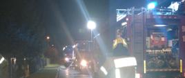 Samochody gaśnicze ustawione wzdłuż drogi przed posesją na której doszło do pożaru. Pora nocna auta oświetlone. 
