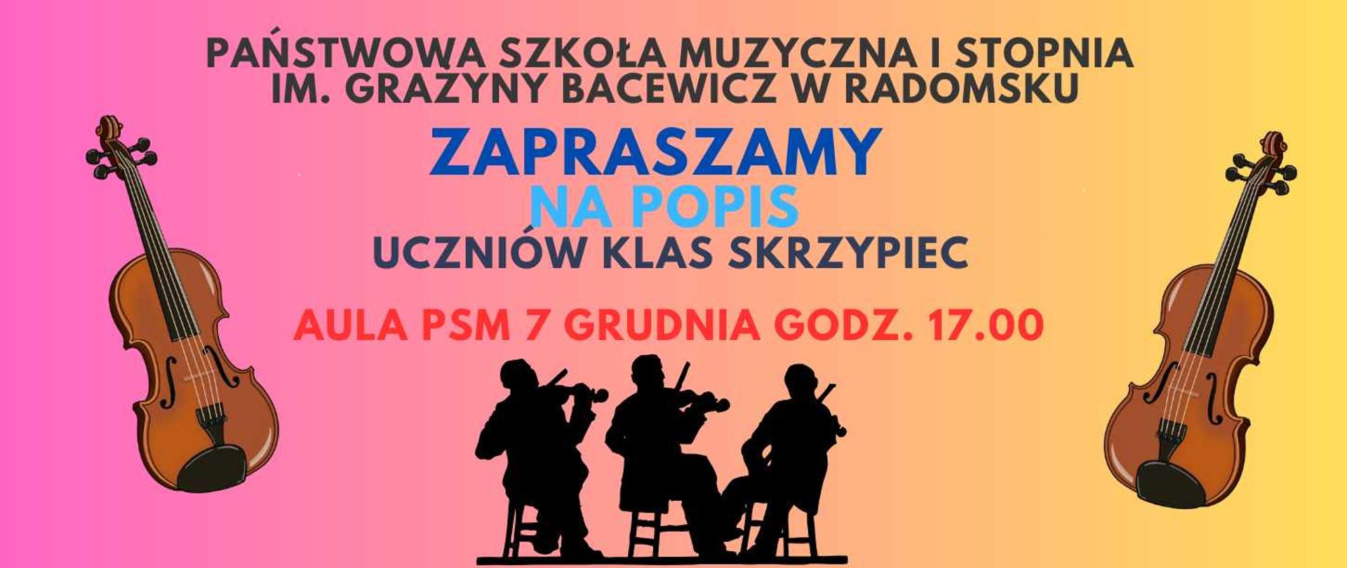Na różowożółtym tle znajdują się napisy informacyjne w kolorze niebieskim, granatowym, czerwonym, szarym, grafiki skrzypiec oraz grafika trzech skrzypków grających w kolorze czarnym.