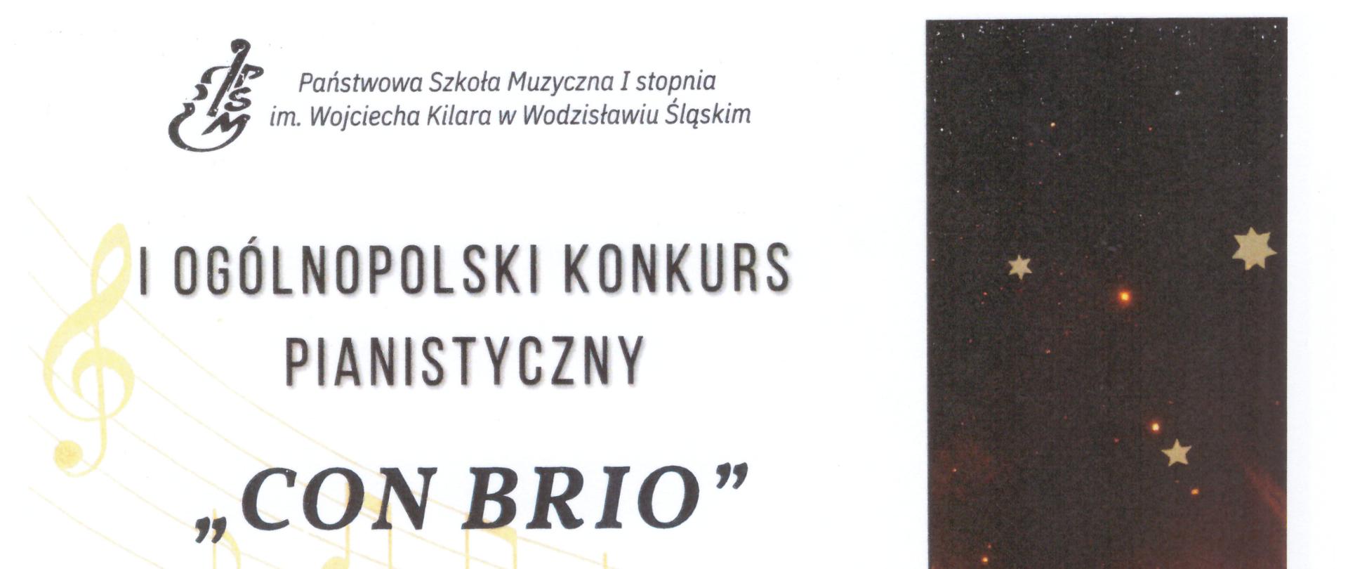 Dyplom Klary Krzeszowiec za zajęcie II miejsc w I Ogólnopolskim Konkursie Pianistycznm "Con Brio" w Wodzisławiu Śląskim w dniach 19-20 maja 2025 r.. Na dole podpisy Jury.