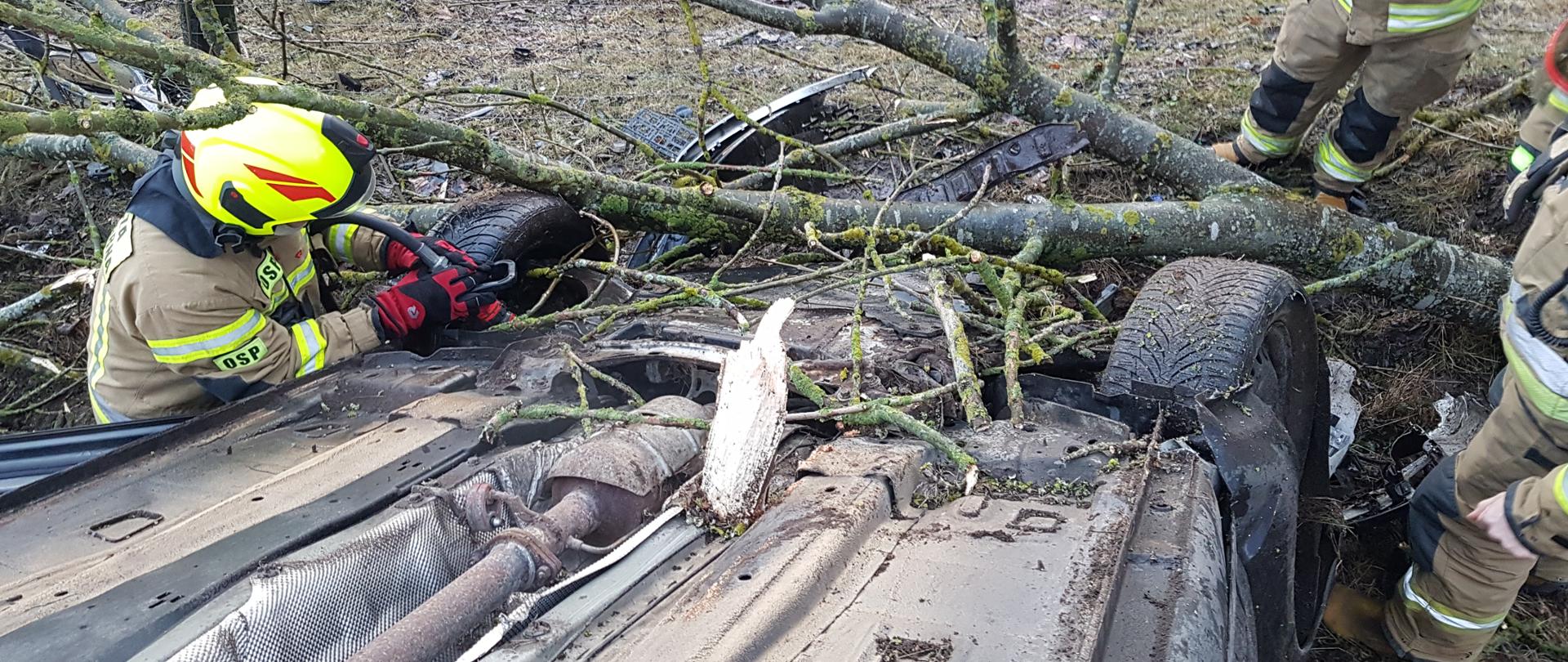 Działania strażaków podczas wypadku drogowego.