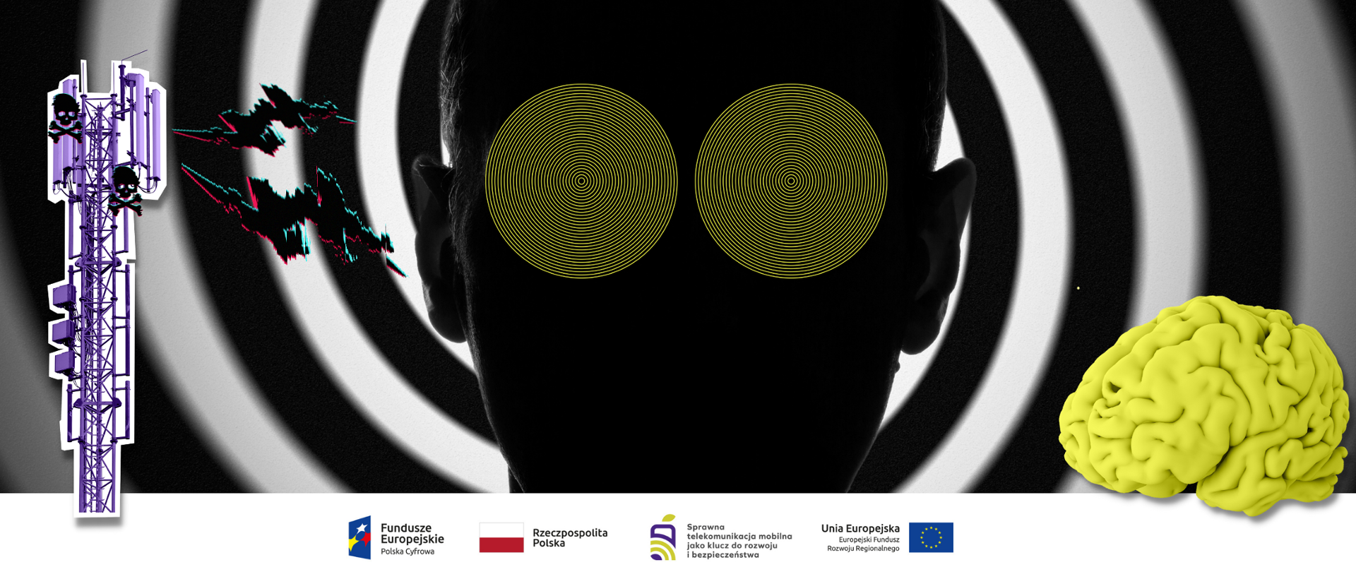 sylwetka ludzkiej głowy ze spiralami zamiast oczu, obok maszt BTS strzelający piorunami oraz mózg