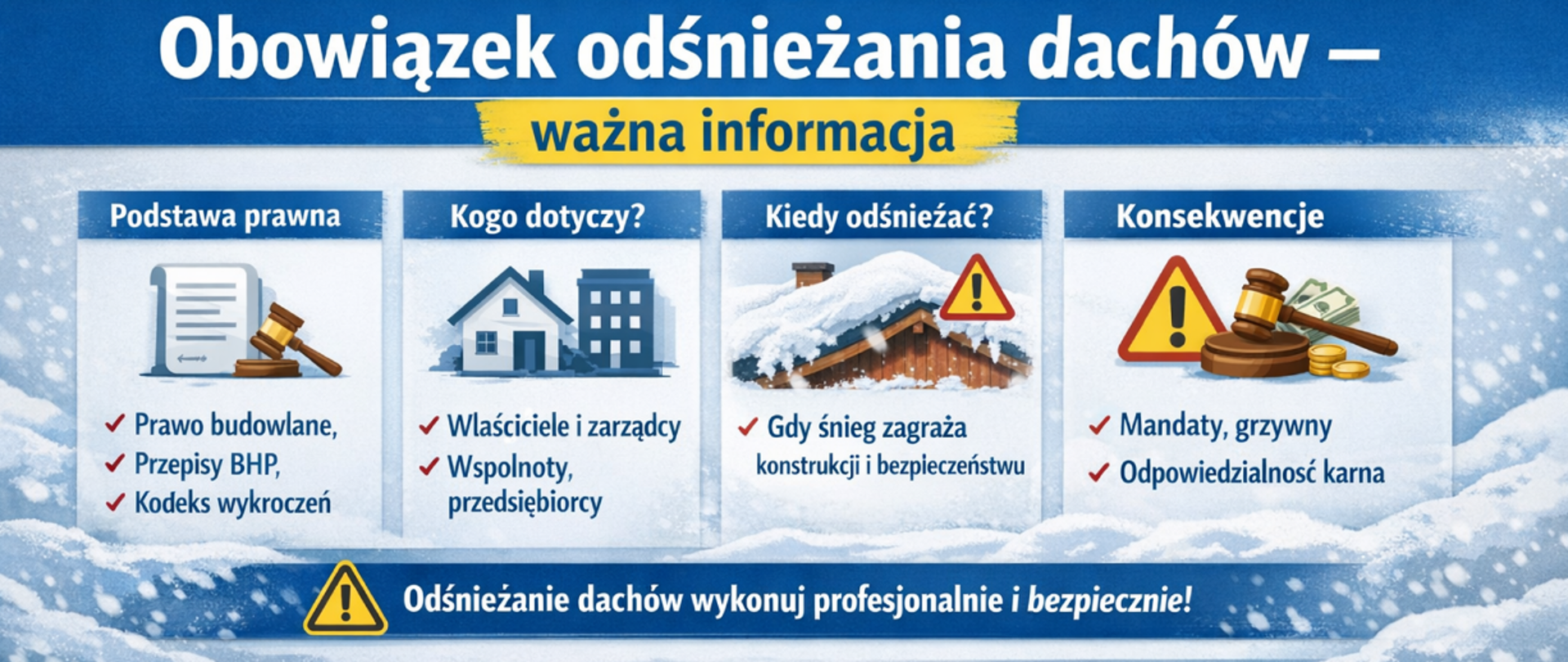 Grafika z informacją o obowiązku odśnieżania dachów, pod nagłówkiem cztery kwadraty z informacjami w zakresie podstawy prawnej, kogo dotyczy, kiedy odśnieżać i konsekwencje związane z odśnieżaniem dachów 