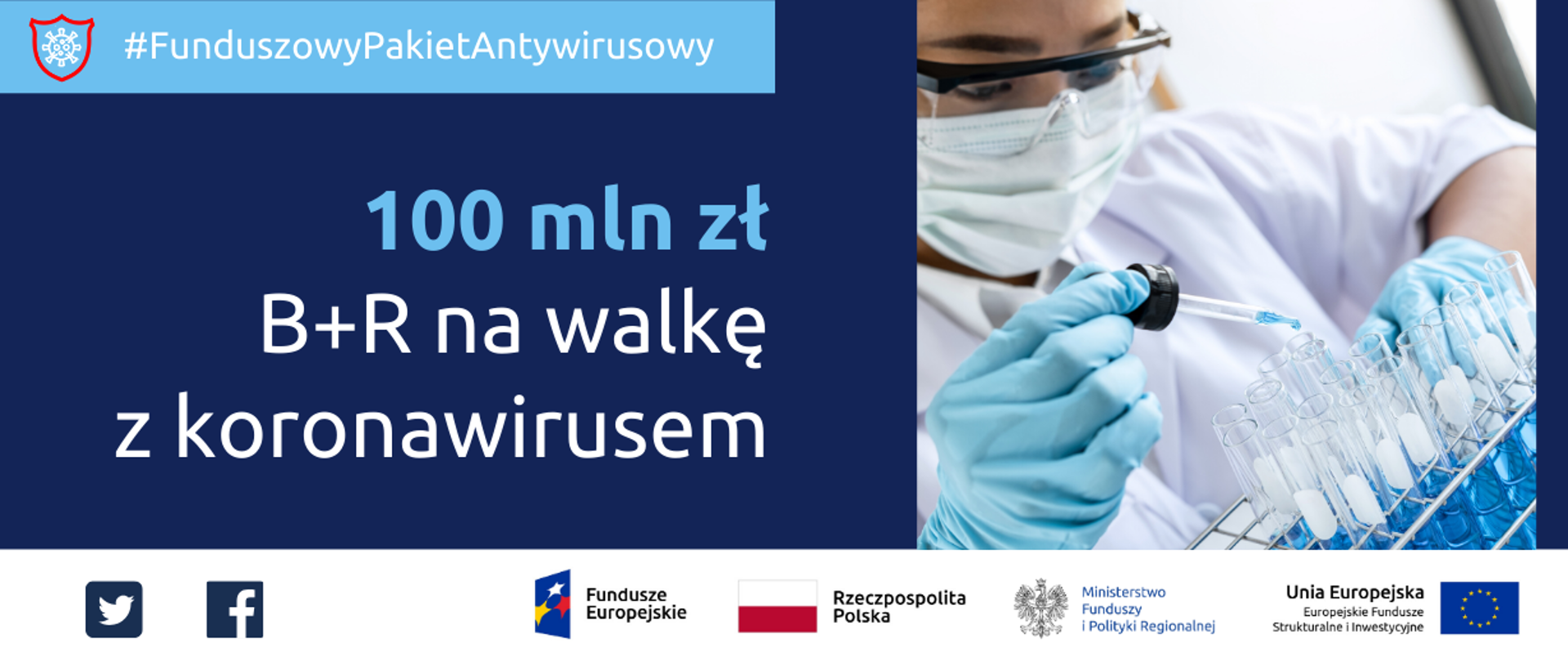 infografika przedstawia hasło projektu i zdjęcie laboranta z próbówką