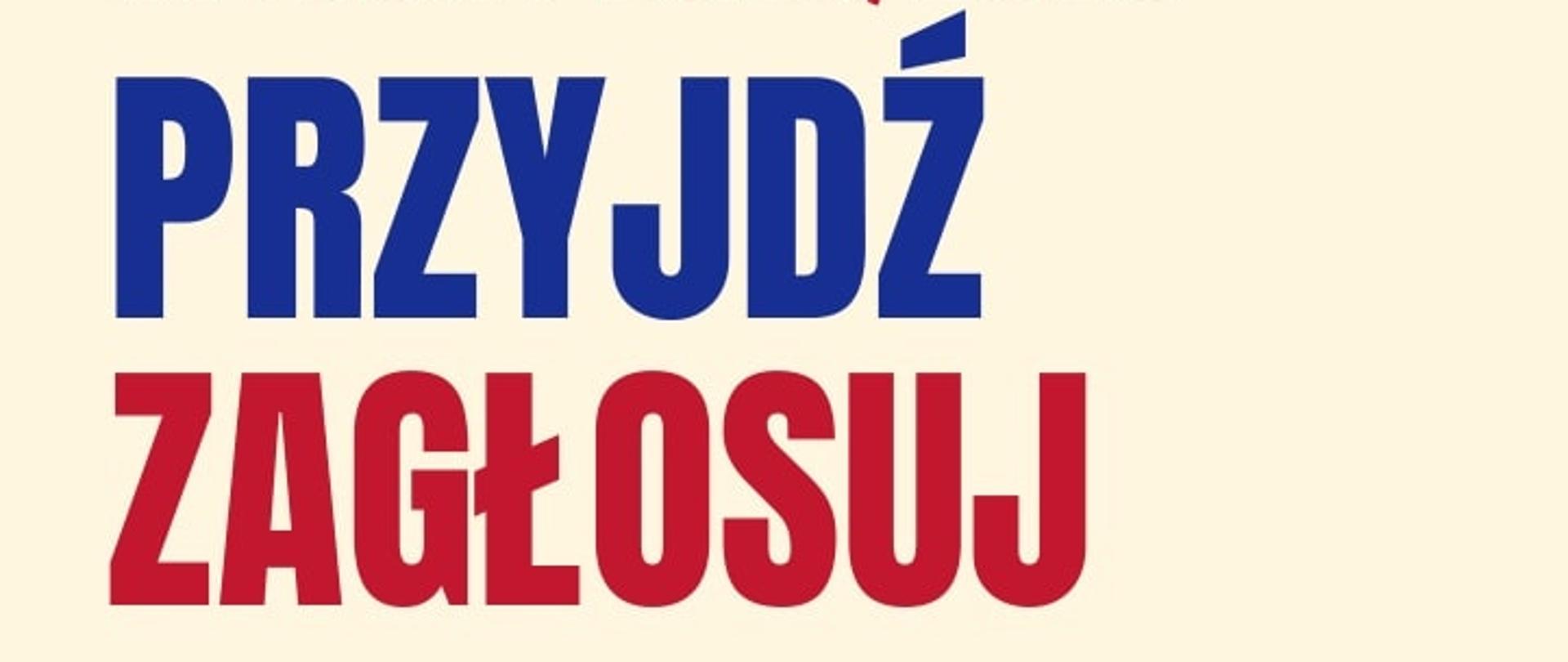 w lewym dolnym rogu białe logo szkoły na czarnym tle, poniżej biały napis: "Samorząd Uczniowski", po prawej stronie urna do głosowania oraz dłoń wrzucająca kartę do urny, całość na jasnym tel