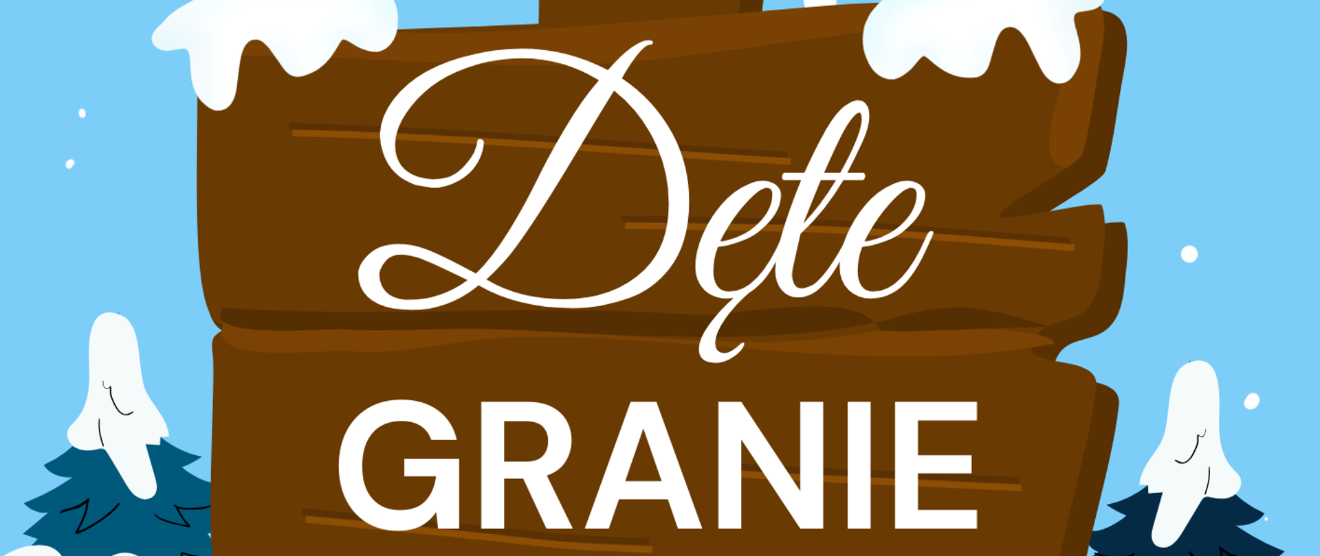 Grafika plakatu jest w kolorystyce biało-niebieskiej. Temat przewodni plakatu to zima. W lewym górnym rogu logo szkoły. obok na środku pełna nazwa organizatorów audycji, więc Państwowa szkoła Muzyczna I i II st. im. Fryderyka Chopina w Nowym Targu oraz Sekcja Instrumentów Dętych. Poniżej na dużym informatorze napis - tytuł audycji - Dęte Granie, przysłonięte śniegiem. Za i obok szyldu przykryte śniegiem drzewa iglaste oraz jeden bałwan ubrany w czapkę i szalik. W dolnej części plakatu informacje dotyczące wydarzenia. Czas- 11 stycznia 2024 r o godz. 16.00. Miejsce - sala kameralna. Prawy oraz lewy dolny róg to rysunki wierzchołków drzew. Na samym dole na środku zaproszenie na to wydarzenie.