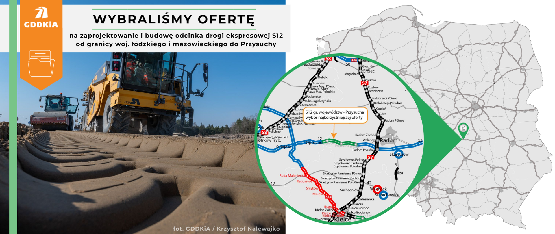 Infografika z mapką wskazującą lokalizację odcinka S12 gr. woj. łódzkiego i mazowieckiego - Przysucha