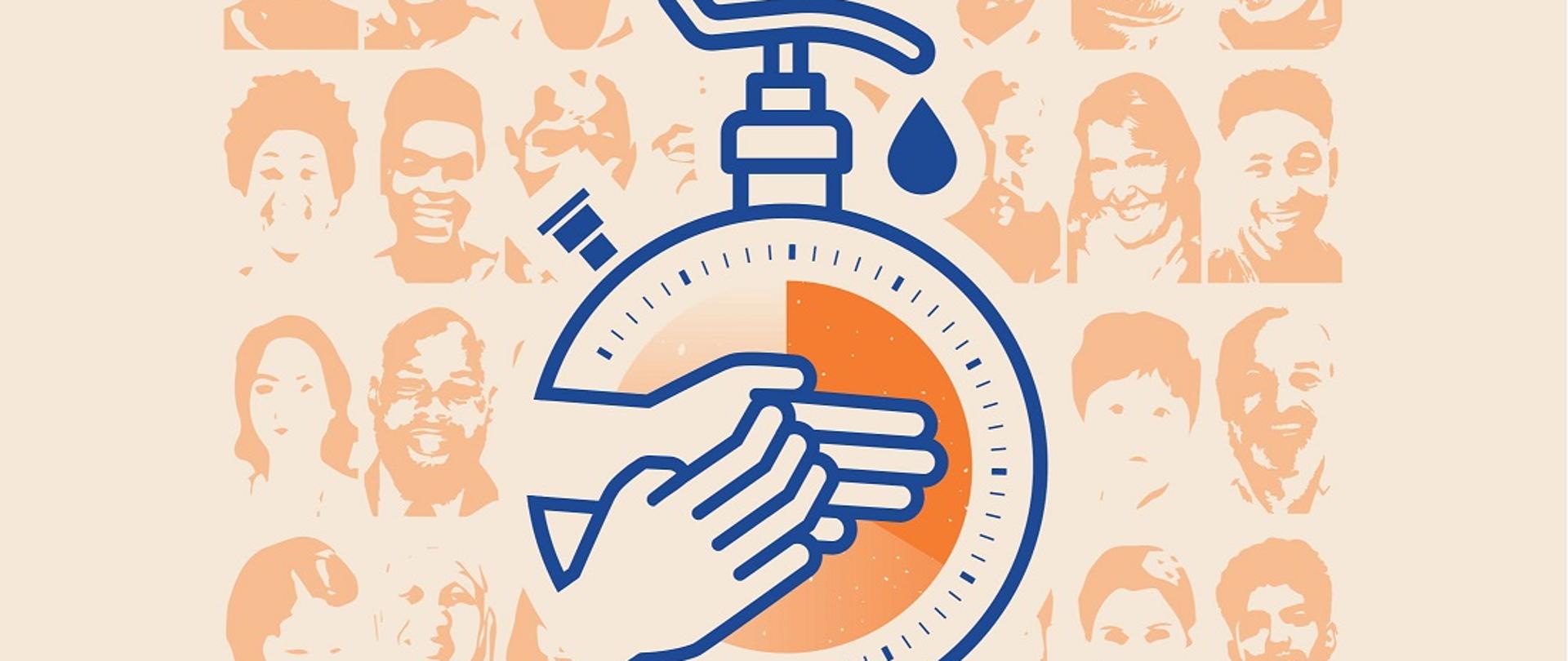 na tle z cieniami twarzy ludzi różnych ras jest grafika dłoni umieszczonych w środku dozownika do dezynfekcji, który jest w kształcie stopera/sekundnika.