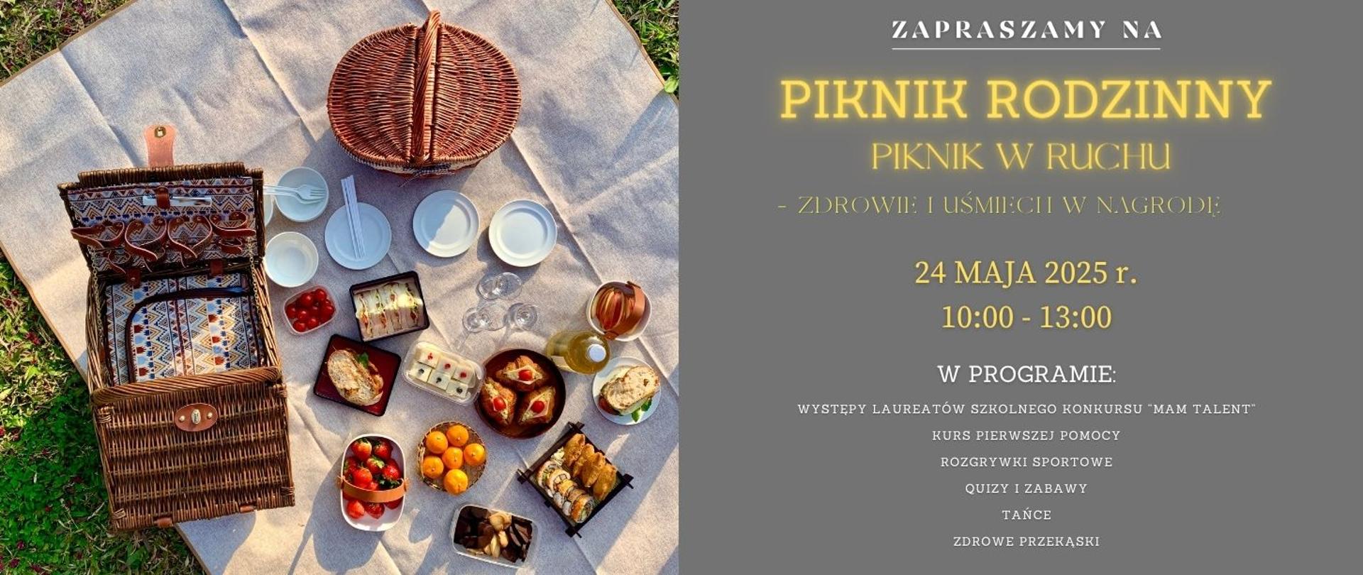 Koc piknikowy, na którym znajduje się kosz piknikowy oraz przekąski.