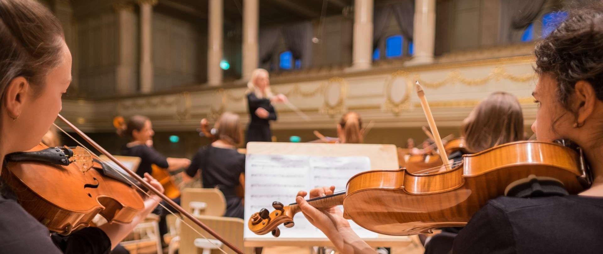 koncert orkiestry smyczkowej na deskach sceny sali koncertowej