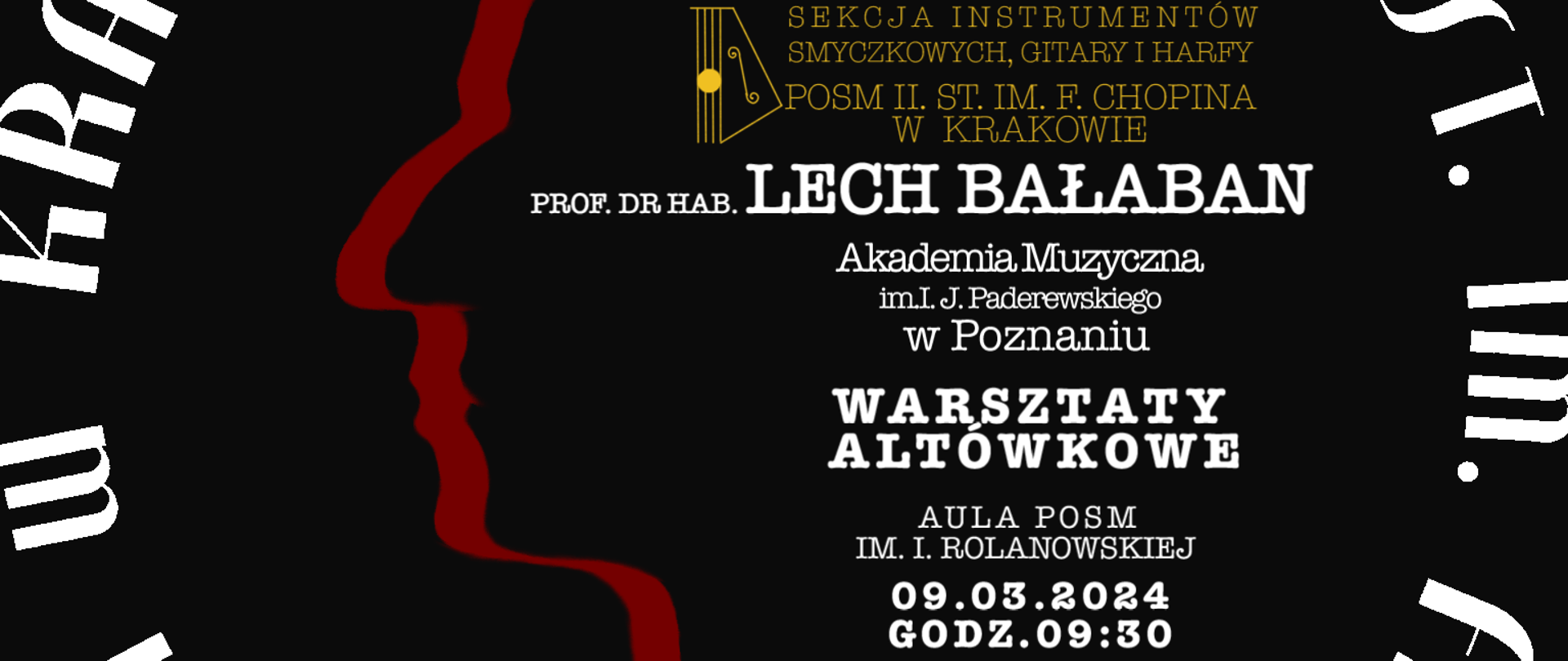 Baner, czarne tło, fragment logotypu szkoły; tekst: prof. dr hab. Lech Bałaban, Warsztaty altówkowe, 09.03.2024, godz. 09:30