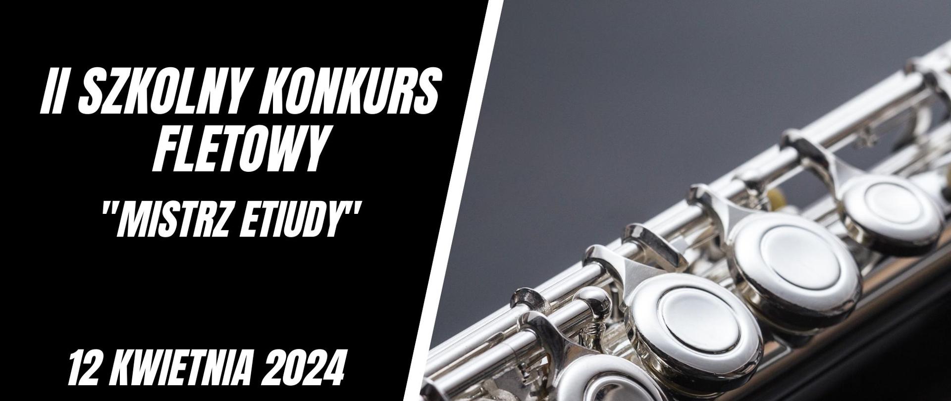 Plakat w połowie czarny, a w połowie przedstawia
korpus fletu poprzecznego. Po lewej stronie plakatu znajdują się
informacje dot. II Szkolnego Konkursu Fletowego, a u dołu strony logo
szkoły. Tło i zdjęcie fletu przedziela w centralnej części strony biały
pasek.
