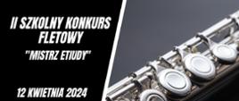 Plakat jest w połowie czarny, a w połowie przedstawia
korpus fletu poprzecznego. Po lewej stronie plakatu znajdują się
informacje dot. II Szkolnego Konkursu Fletowego, a u dołu strony logo
szkoły. Tło i zdjęcie fletu przedziela w centralnej części strony biały
pasek.