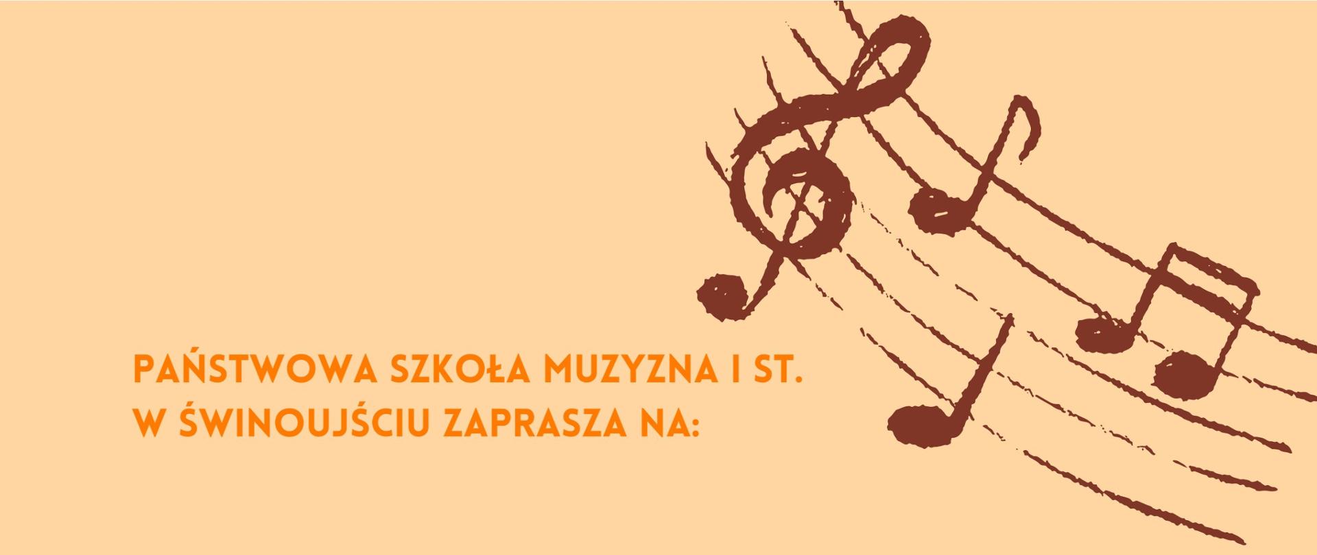 Na beżowym tle plakatu u góry i na dole umieszczone są nuty w kolorze brązowym oraz klucz wiolinowy w kolorze ciemnego beżu. Napisy są w kolorze pomarańczowym.
