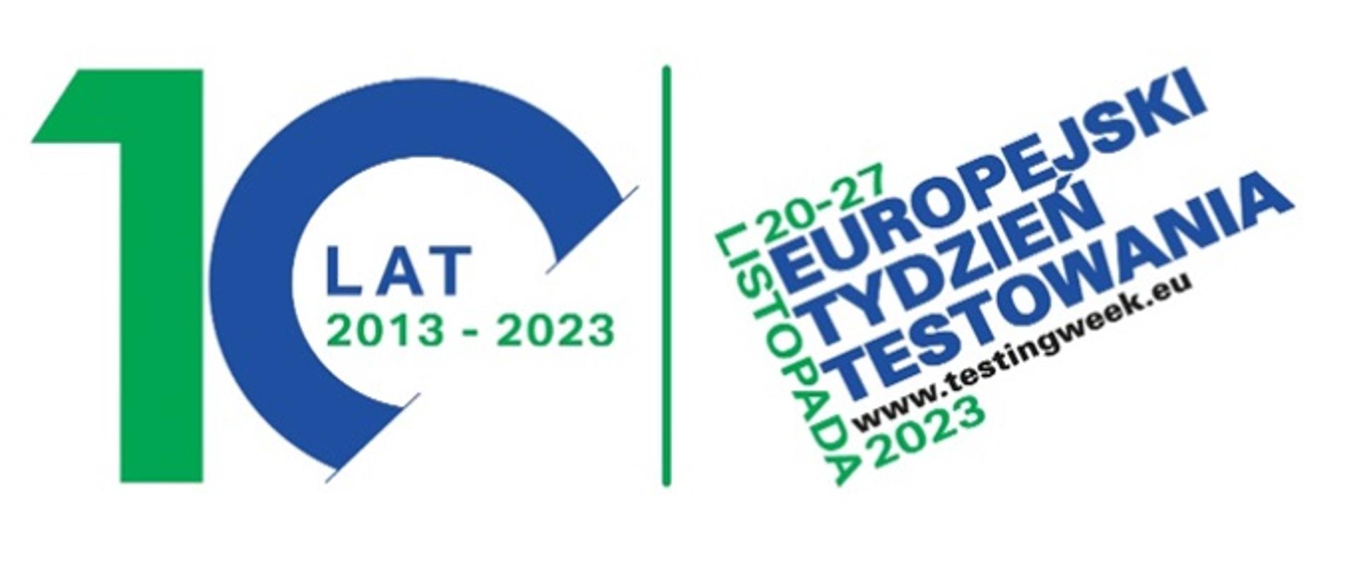 Logo napis 10 lat 2013-2023, Europejski Tydzień Testowania (ETT) w kierunku HIV i HCV listopad 2023 
