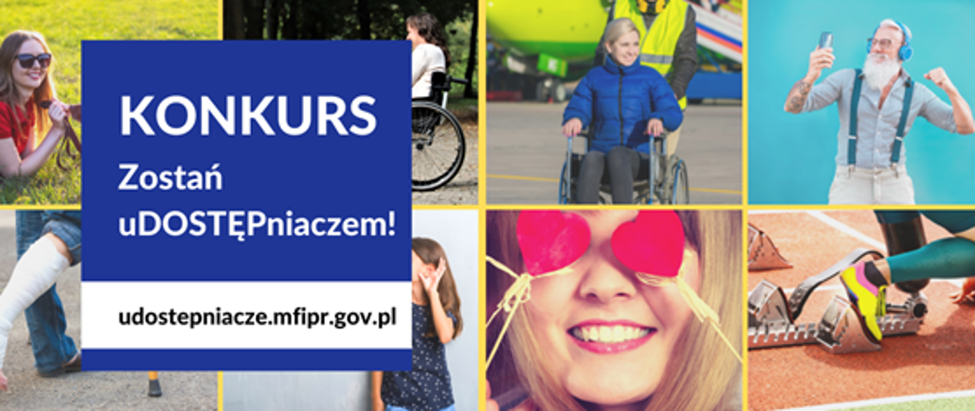 Kolaż zdjęć z osobami z napisem "Konkurs zostań uDOSTĘPniaczem!" udostepniacze.mfipr.gov.pl