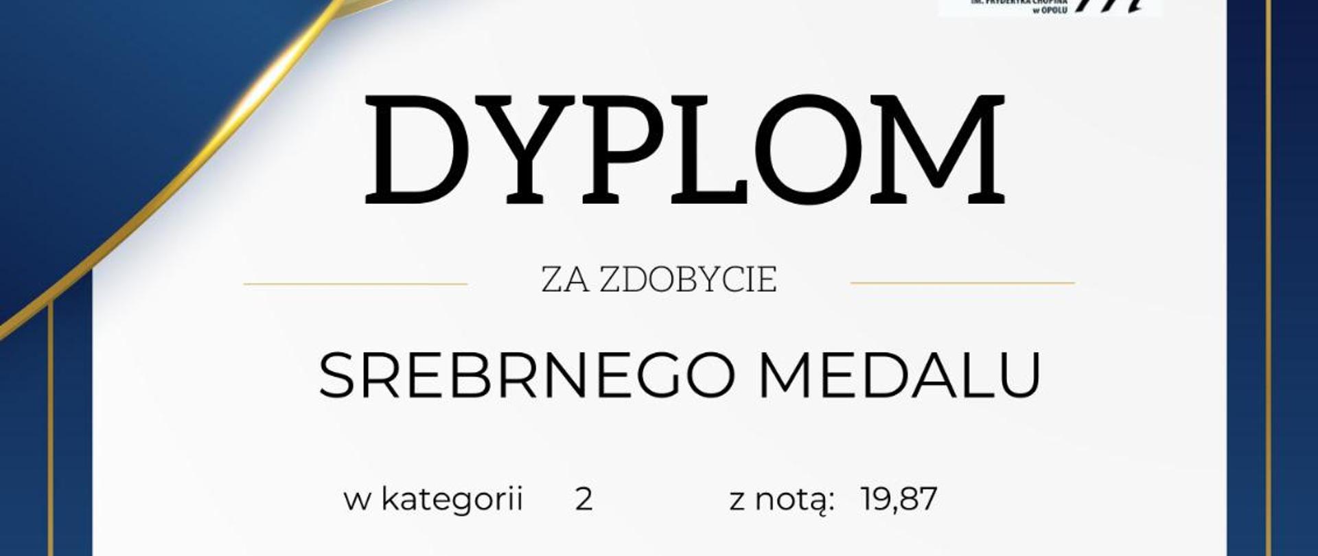 Dyplom srebrnego medalu dla Mateusza Drozdrowskiego.