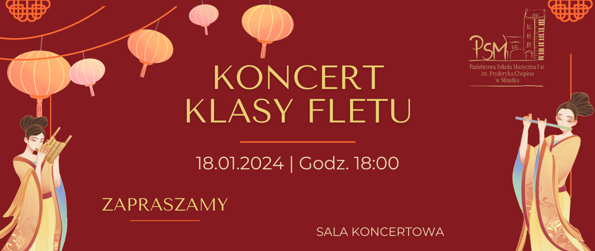 Grafika informująca o koncercie uczniów klasy fletu 18 stycznia 2024 o godz. 18:00 w sali koncertowej naszej szkoły