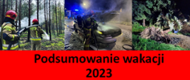 Na grafice przedstawiono 6 zdjęć z różnych akcji świętokrzyskich strażaków w minione wakacje. Przedstawiono pożar lasu, wypadek i pożar samochodu, powalony konar drzewa, działania na wodzie z łodzi i przez strażackich nurków prowadzone oraz gruzowisko po wybuchu gazu. 